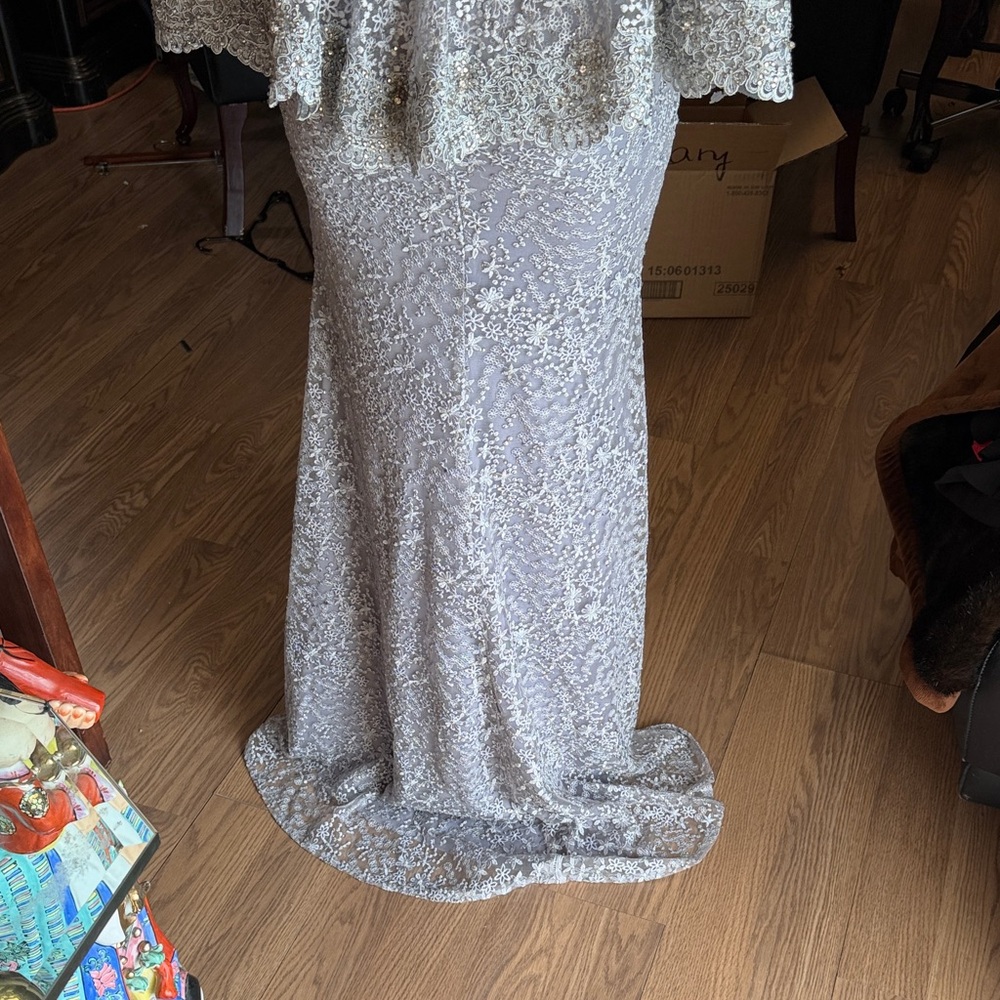 Mac Duggal Charcoal Lace Long Sleeve Dress - Picture 5 of 7